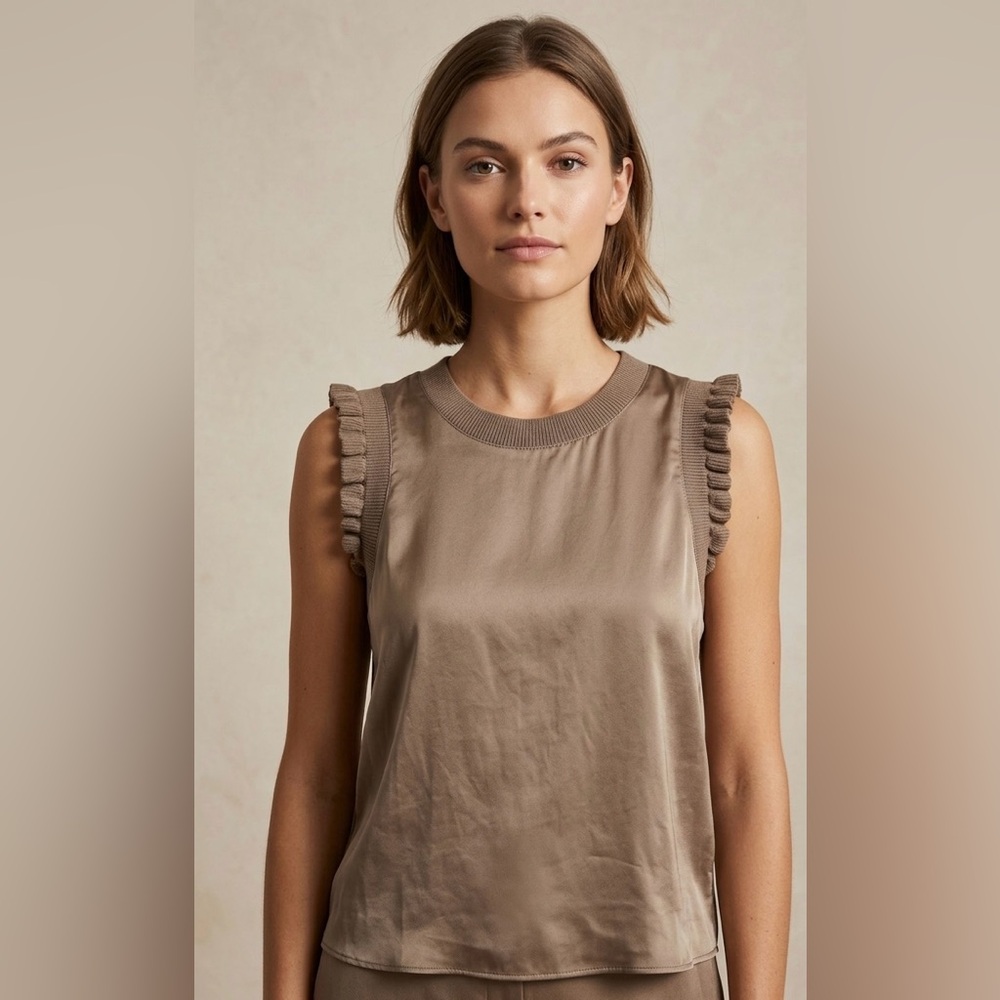Cinq à Sept Brown Silk Lenore Ruffle Sleeve Top - Size M - Luxury Neutral Blouse